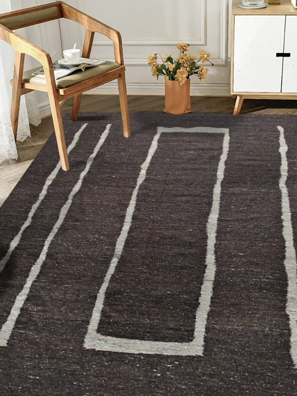Brown Ivory Flatweave Wool Area Rug 4' x 6' Handmade Modern Minimal - Picture 5 of 5